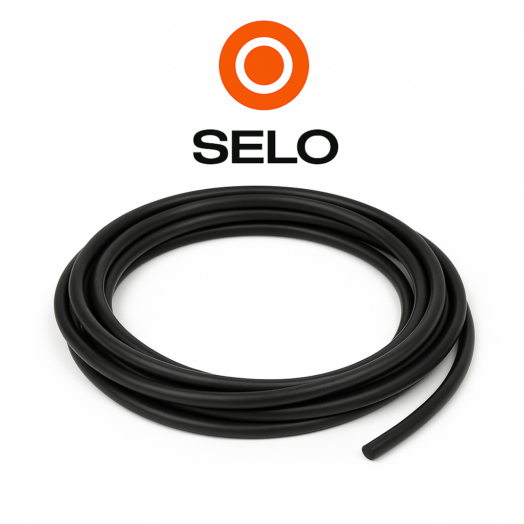 O-ring cord coil arranged under the orange and black Selo logo on a white background.