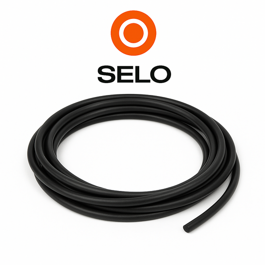 O-ring cord coil arranged under the orange and black Selo logo on a white background.