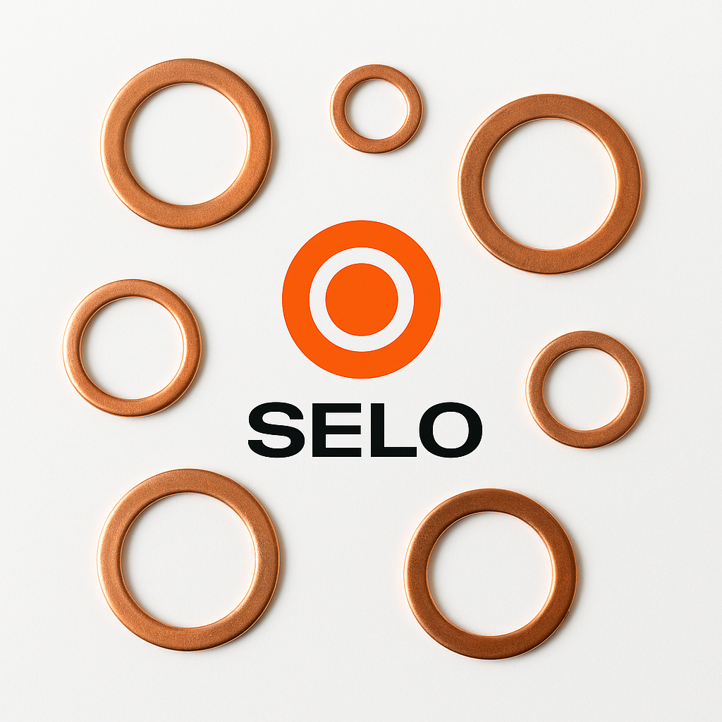 Six copper washers of varying sizes evenly arranged around the orange and black Selo logo on a white background, showing the range of metric copper washers available.
