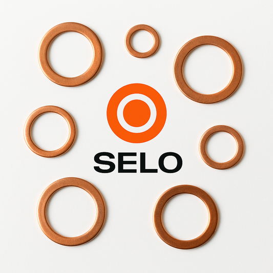 Six copper washers of varying sizes evenly arranged around the orange and black Selo logo on a white background, showing the range of metric copper washers available.