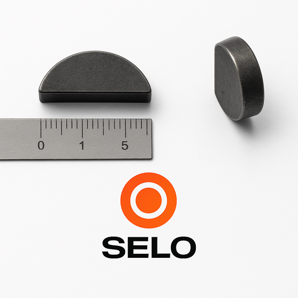Two Woodruff keys, one flat and one standing on edge, displayed on a white background beside a metric ruler for scale, with the orange and black Selo logo beneath.