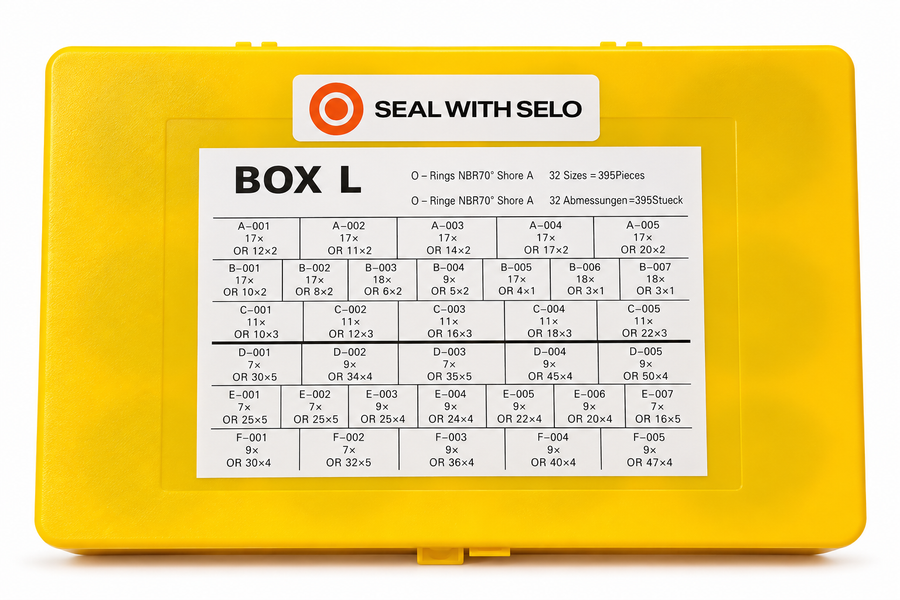 Dichtomatik by Freudenberg BOX L NBR 70 O-ring assortment kit, containing 395 O-rings in 32 metric sizes, supplied in a yellow storage case with Seal With Selo branding.