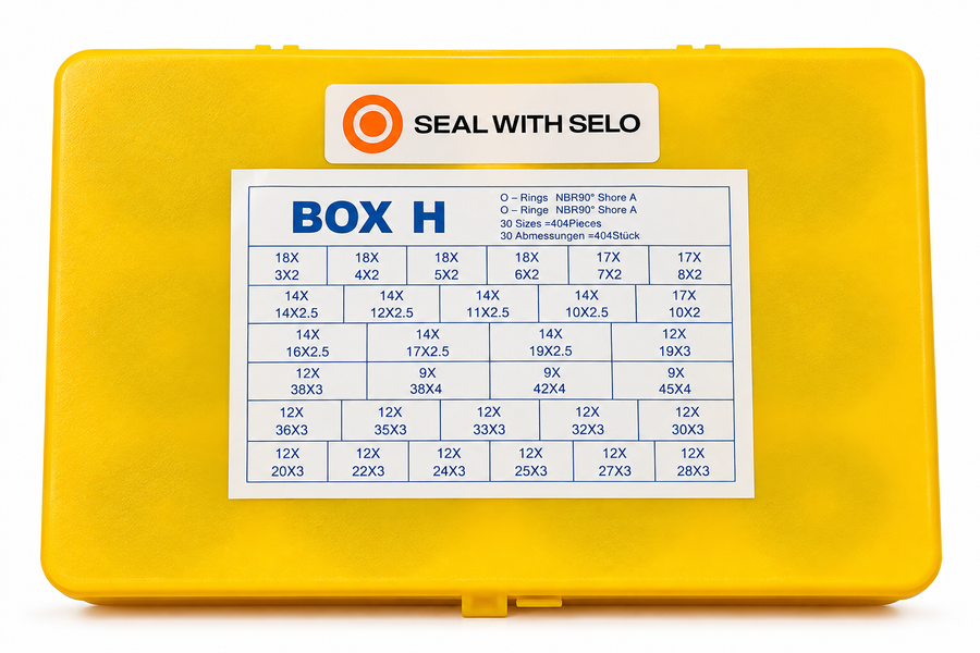 Dichtomatik by Freudenberg BOX H NBR 90 O-ring assortment kit with 404 pieces in 30 metric sizes, supplied by Seal With Selo in a yellow storage case.