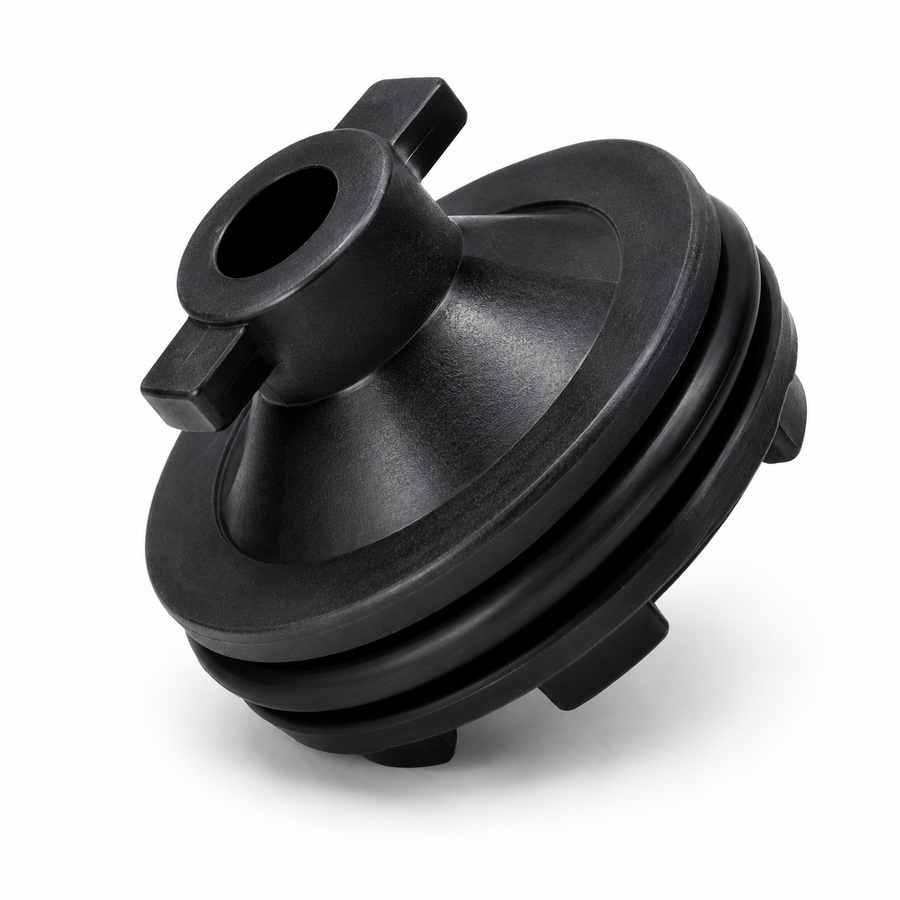Replacement oil filler cap plug with rubber O-ring seal. Compatible with Citroën 1871598, Ford 1871598 and 9801444780, Peugeot and Renault DS7Q-6734-AA. Durable black plastic design.