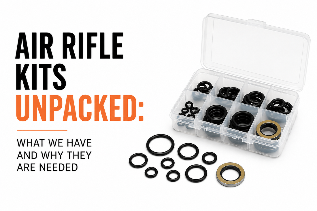 Air rifle service kits containing NBR 70 and NBR 90 O-rings, seals and bonded washers for PCP air rifle maintenance, including kits for Edgun Leshiy 2, Air Arms S200, AGT Vixen and Theoben rifles.