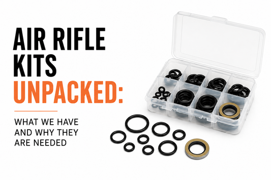 Air rifle service kits containing NBR 70 and NBR 90 O-rings, seals and bonded washers for PCP air rifle maintenance, including kits for Edgun Leshiy 2, Air Arms S200, AGT Vixen and Theoben rifles.