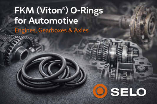 FKM (Viton®) O-rings shown in front of automotive engine, gearbox and axle components, highlighting high-temperature sealing applications, with the Selo logo.
