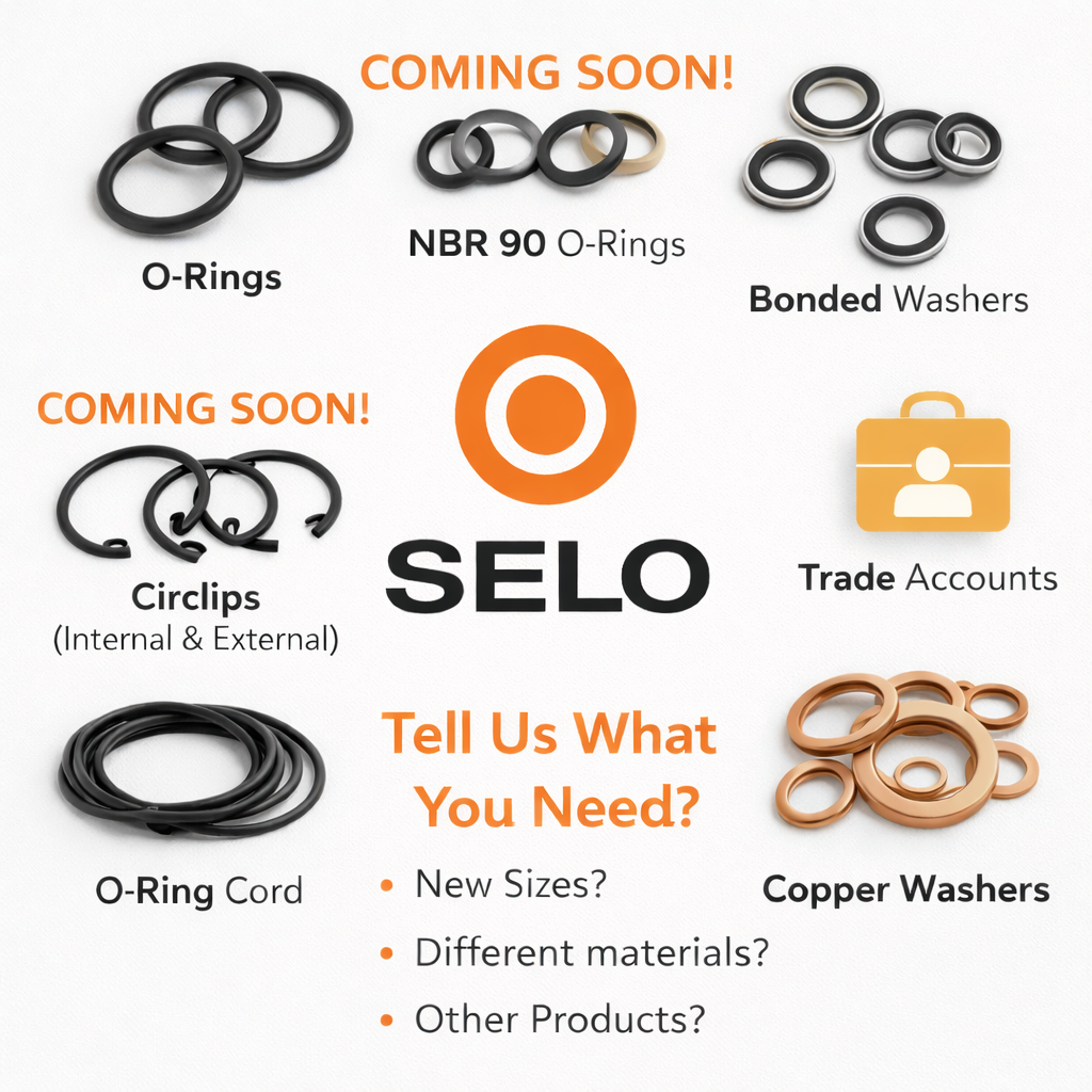Seal With Selo product range graphic showing O-rings, bonded washers, copper washers, O-ring cord and circlips, with upcoming NBR 90 O-rings highlighted, all arranged around the Selo logo on a white background.