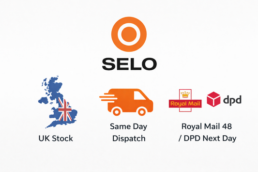 Selo logo above icons showing UK stock, same day dispatch, and Royal Mail 48 or DPD next day delivery, highlighting fast UK shipping for sealing components.