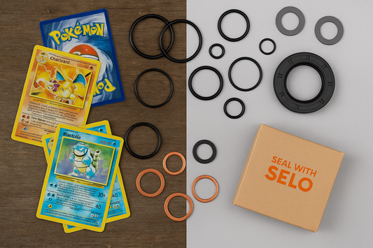 Split image showing the evolution of a small business — left side features a teenage boy selling on eBay from a cluttered desk, right side shows a modern workspace with branded packaging and fluid sealing products under the Seal With Selo name.