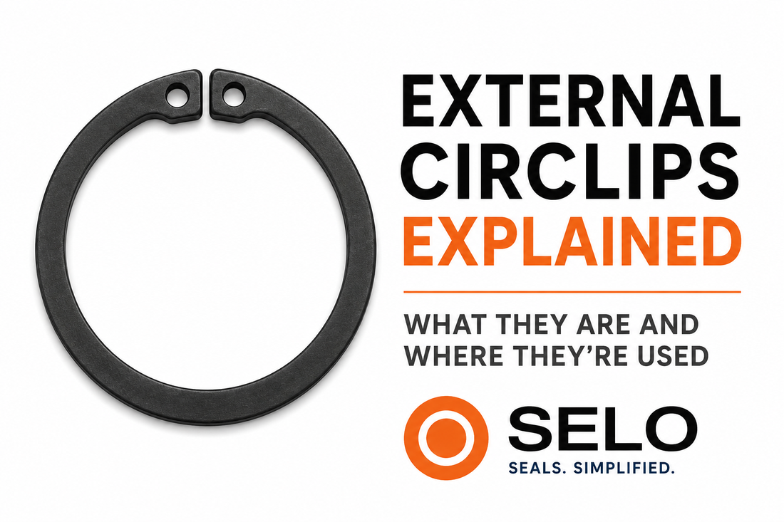 External circlip retaining ring with Seal With Selo branding, explaining what external circlips are and where they are used for retaining bearings, gears and components on shafts.