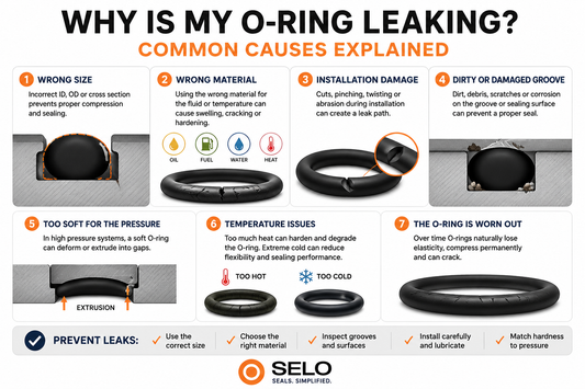 Infographic explaining common O-ring leak causes including wrong size, incorrect material, installation damage, pressure issues and worn seals, with Seal With Selo branding.