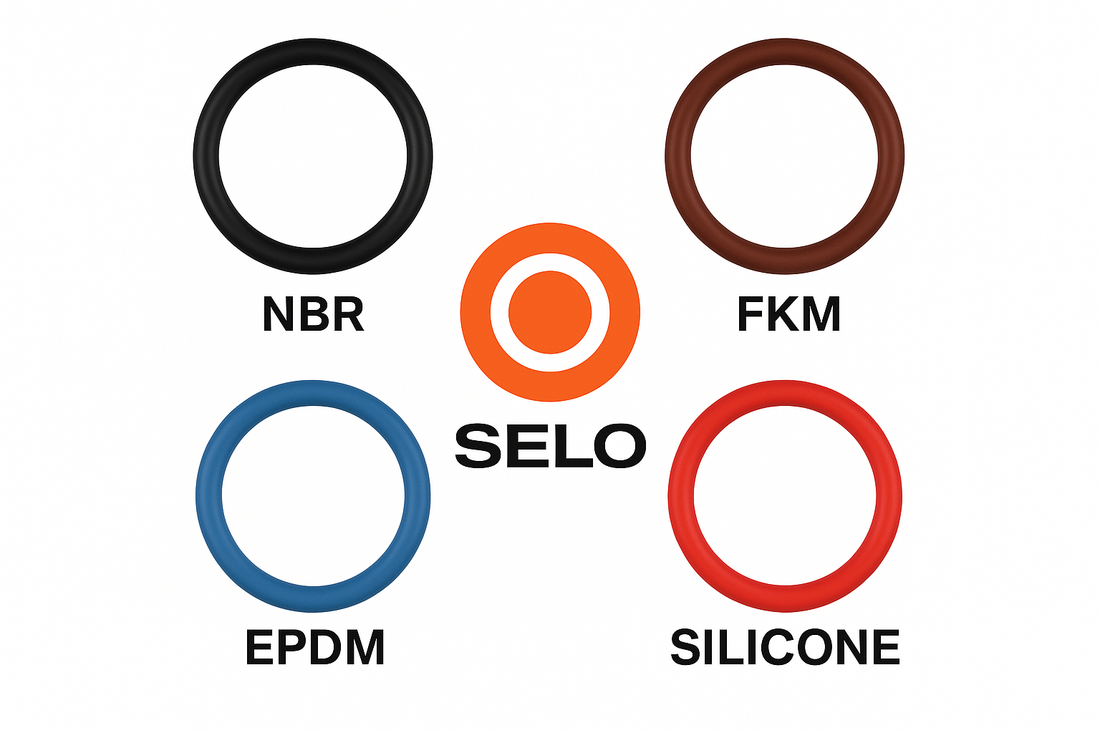 Four O-rings of different materials — black NBR, brown FKM, red silicone, and blue EPDM — arranged around the orange and black Selo logo on a white background, showing material comparison.