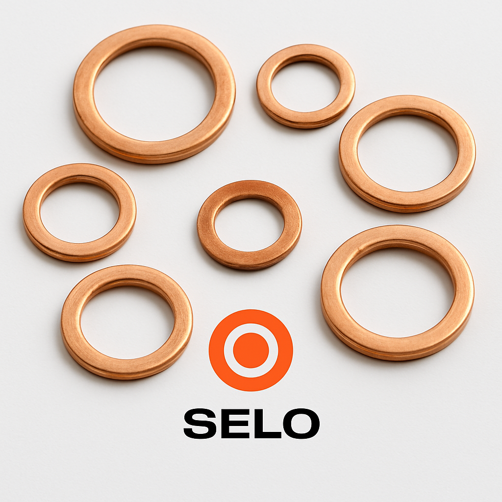 Seven metric copper washers arranged evenly in a circular layout around the orange Selo logo on a white background.