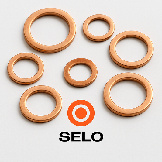 Seven metric copper washers arranged evenly in a circular layout around the orange Selo logo on a white background.