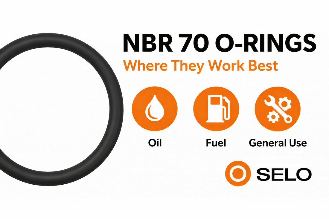NBR 70 nitrile O-ring showing suitability for oil, fuel and general sealing applications, with icons and Seal With Selo branding.