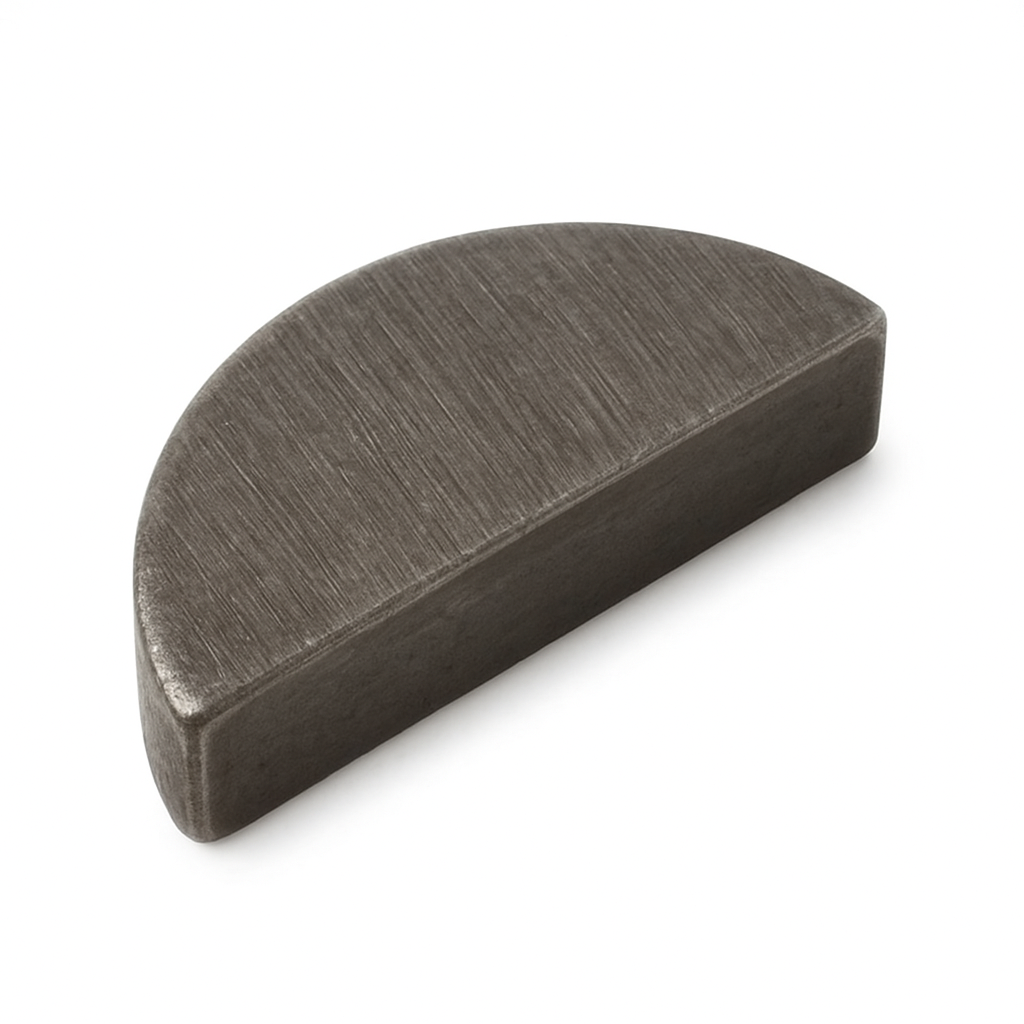 Close-up photo of a Woodruff key with a brushed metal finish, showing its characteristic semi-circular top and flat bottom. The key rests on a white background with soft lighting and slightly rounded edges for a realistic look.
