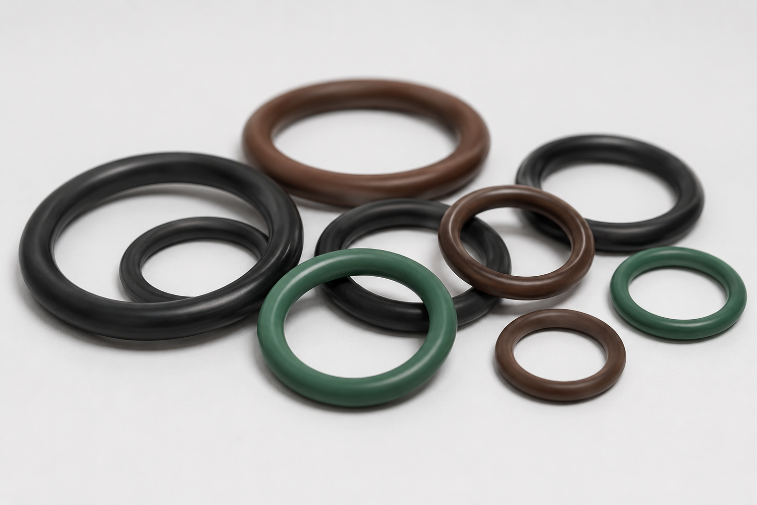 Selection of FKM (Viton®) O-rings in black, green and brown materials, displayed in various sizes on a clean white background for industrial sealing applications.