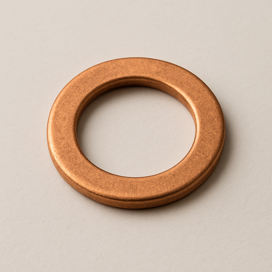 Single copper crush washer used for sealing applications in engines, brake lines, and hydraulic fittings — metric copper washer by sealwithselo .