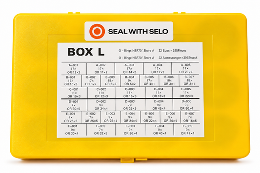 Dichtomatik by Freudenberg BOX L NBR 70 O-ring assortment kit, containing 395 O-rings in 32 metric sizes, supplied in a yellow storage case with Seal With Selo branding.