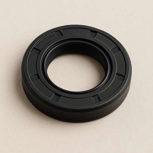 Black nitrile R23 TC double lip oil seal with garter spring, on white background.