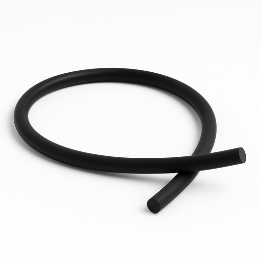 Black O-ring cord coiled on a white background, used for making custom-sized seals and replacement O-rings in industrial and automotive applications. Seal with Selo